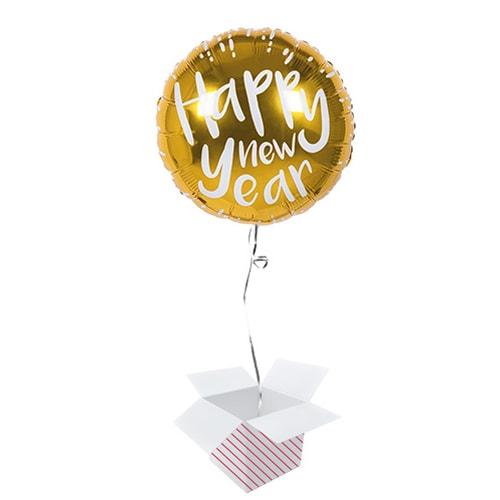 Gold Happy New Year Round Foil Helium Balloon - Inflated Balloon in a Box Product Gallery Image