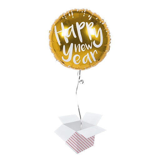 Gold Happy New Year Round Foil Helium Balloon - Inflated Balloon in a Box Product Image