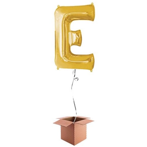 Gold Letter E Helium Foil Giant Balloon - Inflated Balloon in a Box Product Gallery Image