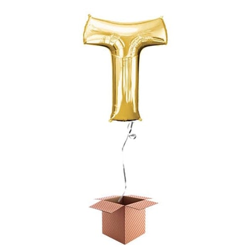 Gold Letter T Helium Foil Giant Balloon - Inflated Balloon in a Box Product Image