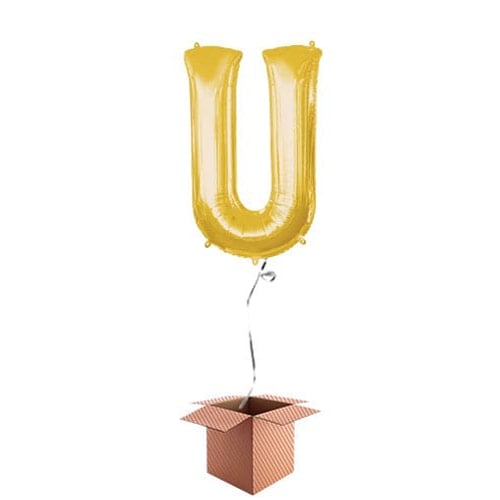 Gold Letter U Helium Foil Giant Balloon - Inflated Balloon in a Box Product Gallery Image