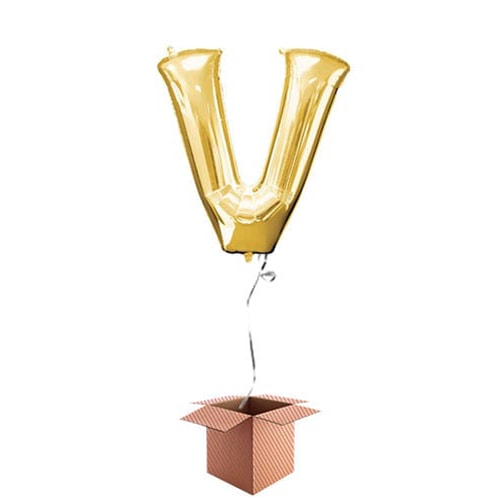 Gold Letter V Helium Foil Giant Balloon - Inflated Balloon in a Box Product Gallery Image