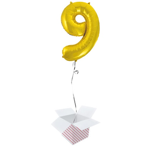 Gold Number 9 Helium Foil Giant Balloon - Inflated Balloon in a Box Product Gallery Image