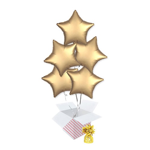 Gold Satin Luxe Star Foil Helium Balloon Bouquet - 5 Inflated Balloons In A Box Product Gallery Image