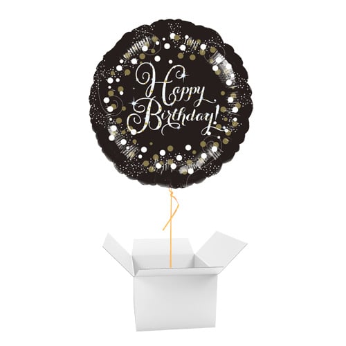 Gold Sparkling Happy Birthday Round Foil Helium Balloon - Inflated Balloon in a Box