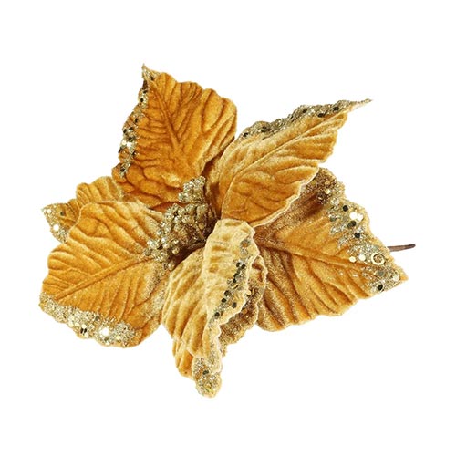 Gold Velvet Christmas Poinsettia with Glitter Detail Artificial Flower Decoration 32cm Product Image