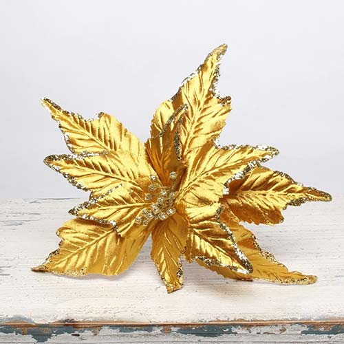 Gold Velvet Poinsettia with Glitter Detail Large Christmas Pick Decoration 36cm Product Image