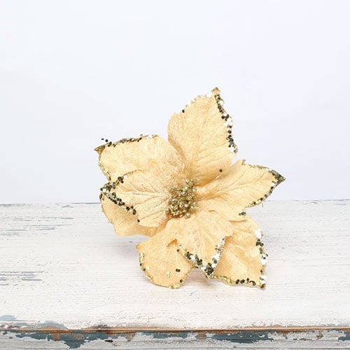 Gold Velvet Poinsettia with Glitter Detail Small Christmas Pick Decoration 30cm Product Image