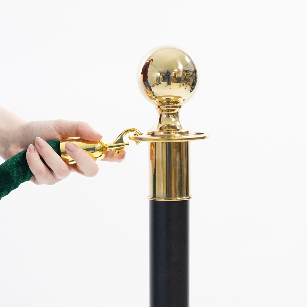 4 Gold Finish Black Stanchion Poles with 2 Dark Green Velvet Ropes Product Gallery Image