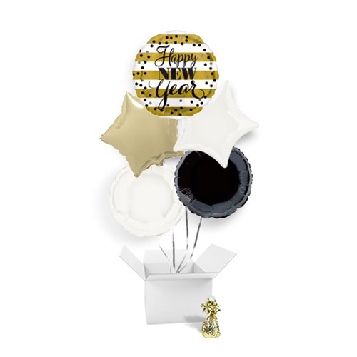 Golden Happy New Year Balloon Bouquet - 5 Inflated Balloons In A Box Product Image