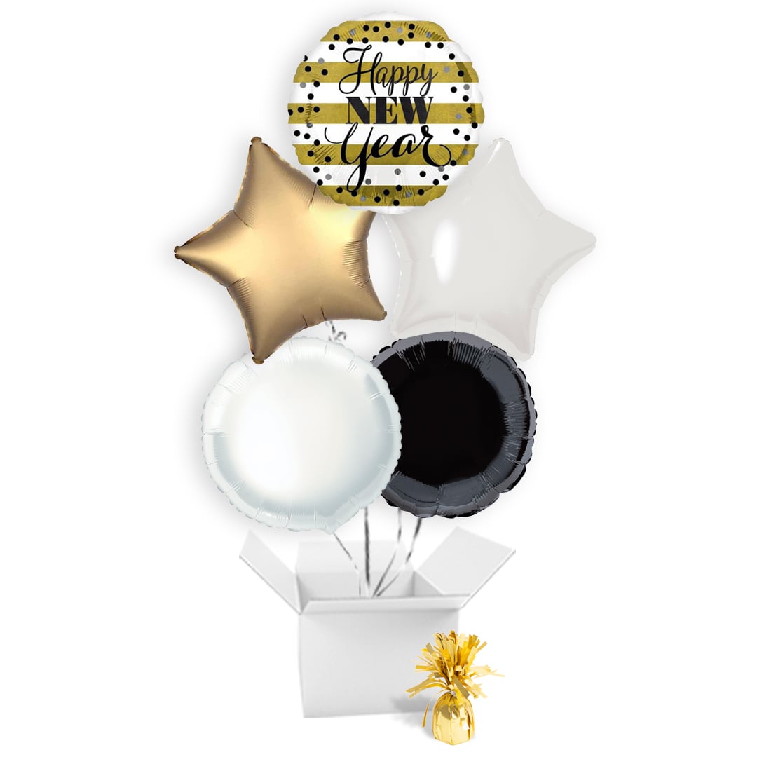 Golden Happy New Year Balloon Bouquet - 5 Inflated Balloons In A Box