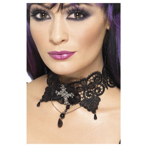 Gothic Black Lace with Cross Choker Fancy Dress Costume Accessory Adult One Size Product Image