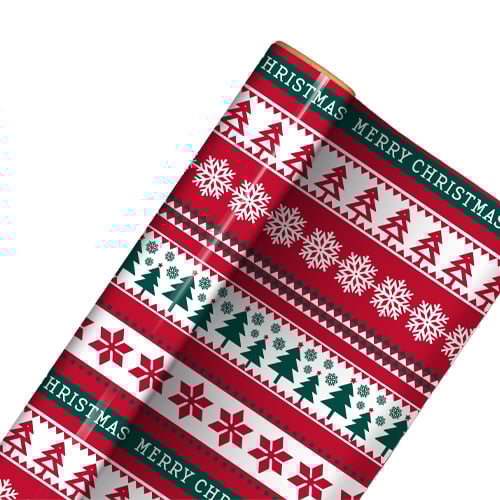 Green & Red Patterned Christmas Recyclable Kraft Gift Wrapping Paper Roll 7m