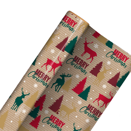 Green & Red Stag Christmas Recyclable Kraft Gift Wrapping Paper Roll 7m Product Gallery Image