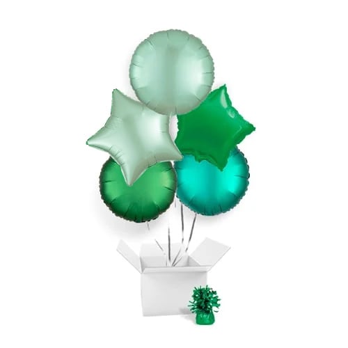 Green Assortment Foil Helium Balloon Bouquet - 5 Inflated Balloons In A Box Product Gallery Image