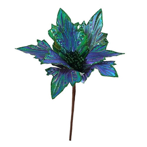 Green Blue Aurora Borealis Finish Poinsettia Christmas Pick Decoration 31cm Product Image