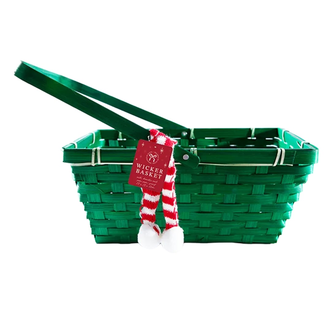 Green Christmas Woven Wicker Basket with Handle and Pom Pom Scarf 28cm