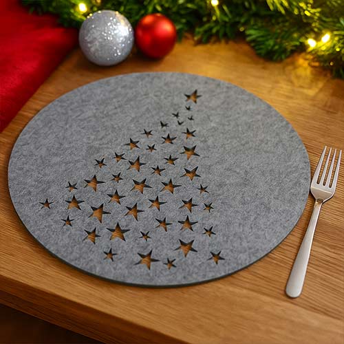 Grey Christmas Tree Star Cutout Round Felt Placemats 32cm - Pack of 4