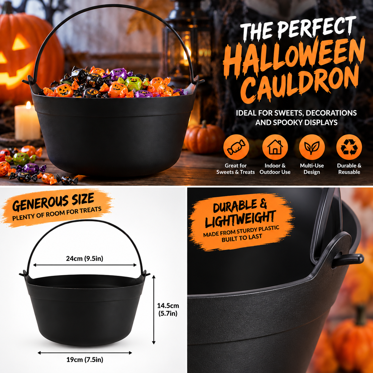 Halloween Black Plastic Cauldron 24cm – Witch Cauldron Party Decoration, Trick or Treat Candy Bowl, Spooky Centrepiece for Halloween Party Supplies View 3