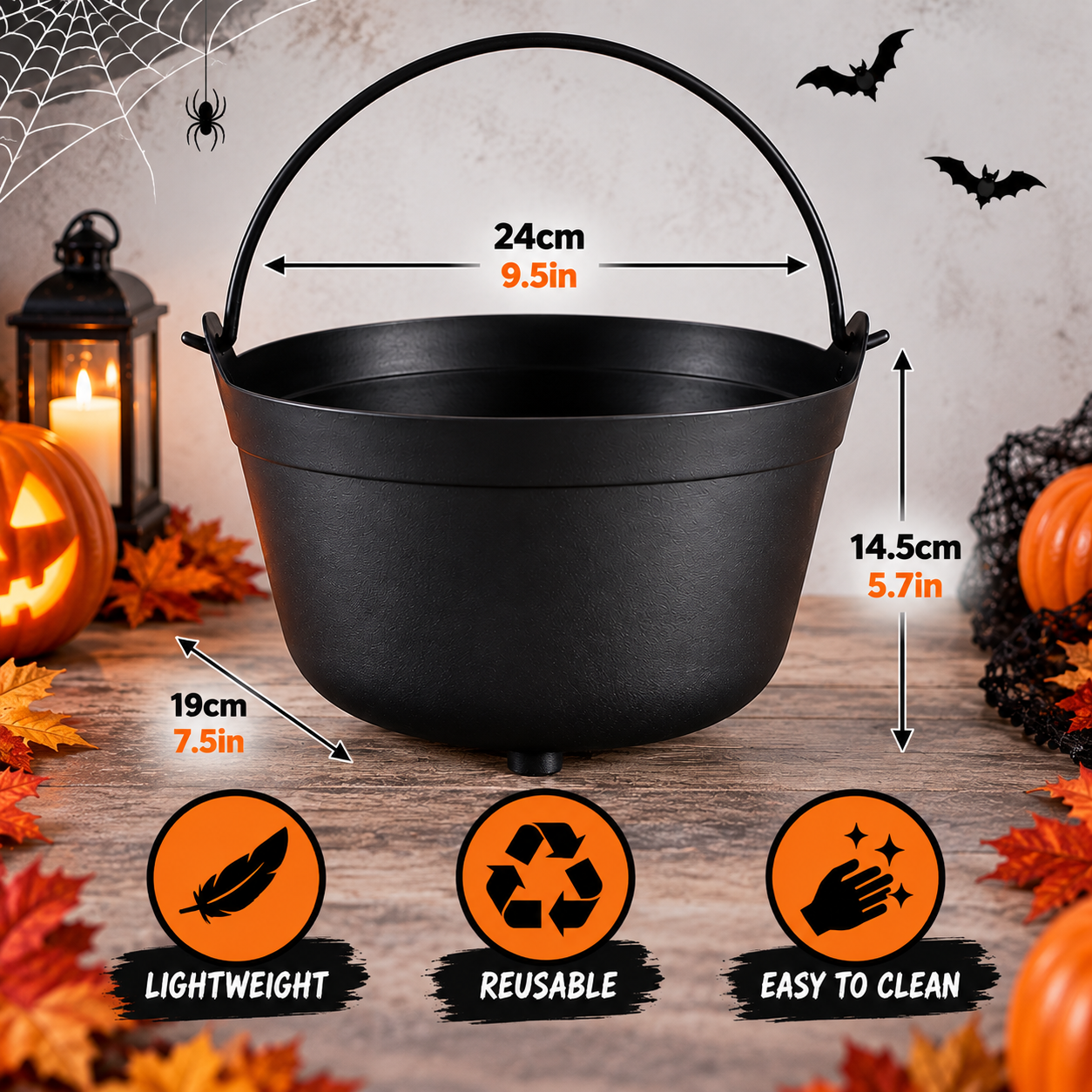Halloween Black Plastic Cauldron 24cm – Witch Cauldron Party Decoration, Trick or Treat Candy Bowl, Spooky Centrepiece for Halloween Party Supplies View 4