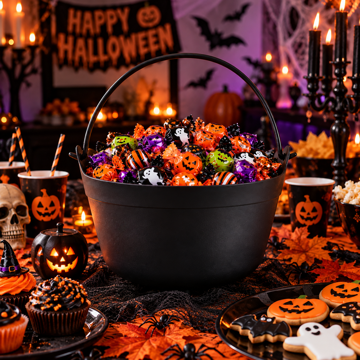 Halloween Black Plastic Cauldron 24cm – Witch Cauldron Party Decoration, Trick or Treat Candy Bowl, Spooky Centrepiece for Halloween Party Supplies