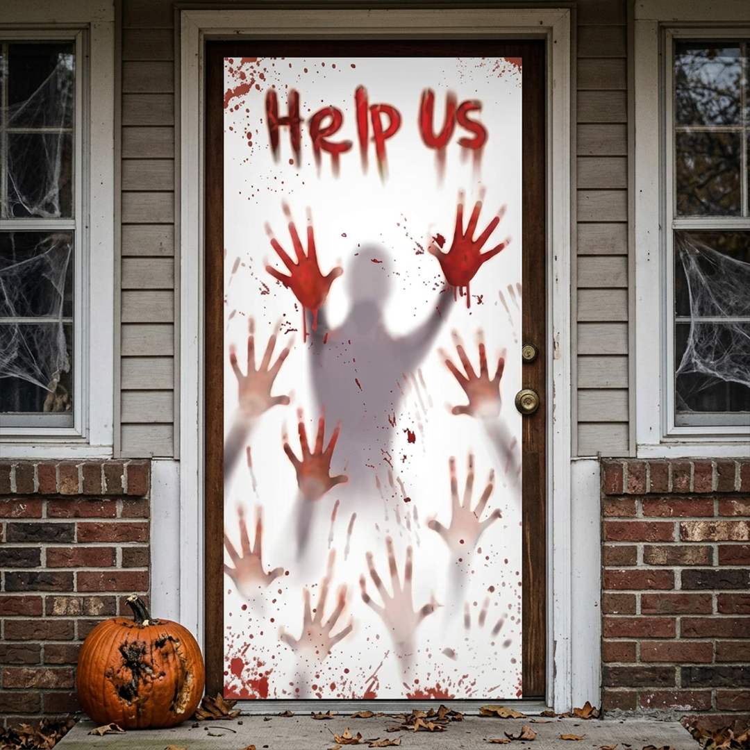 Bloody Handprints Help Us Scary Halloween Plastic Door Cover 148cm