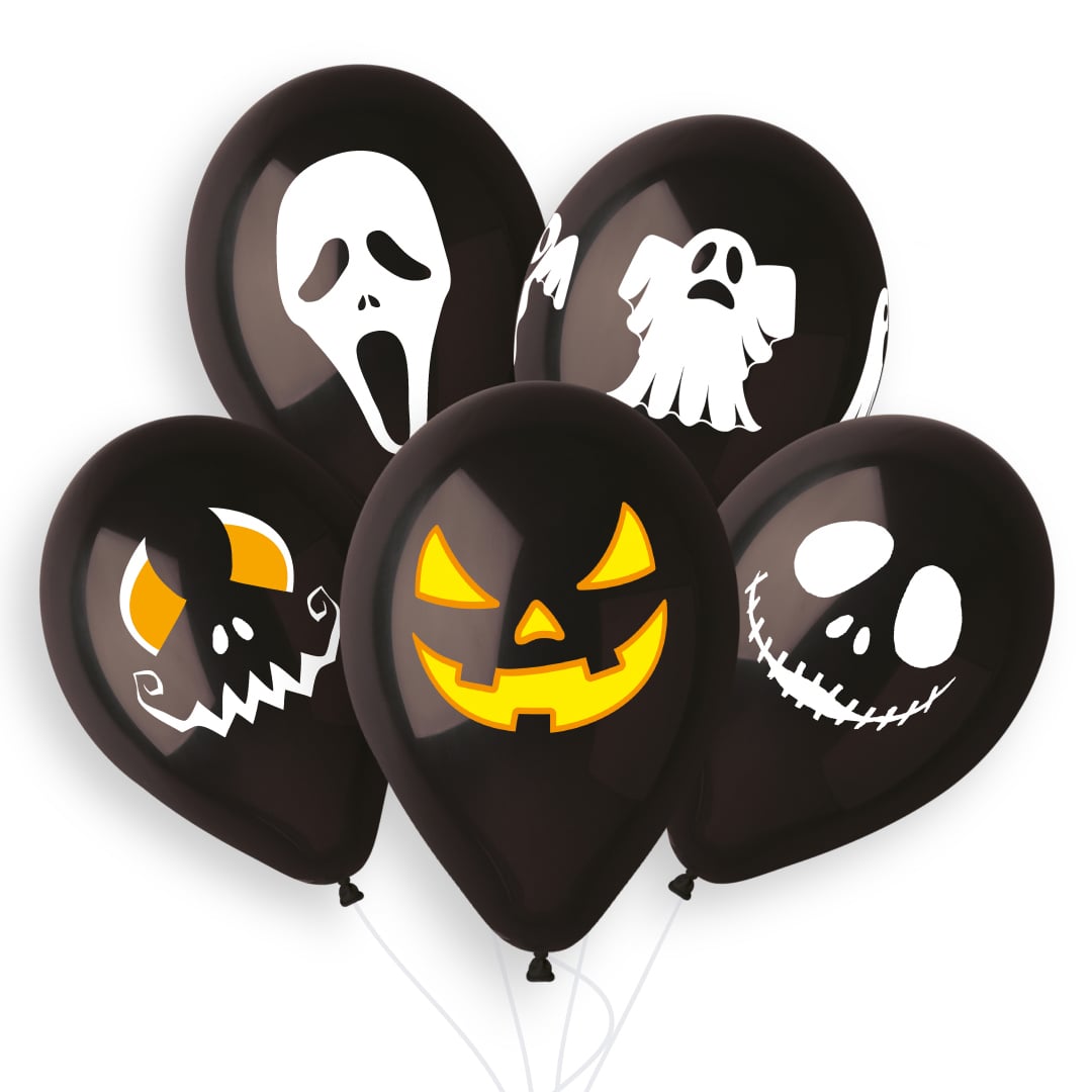 Halloween Faces Black Latex Balloons 33cm / 13 in - Pack of 6 View 3