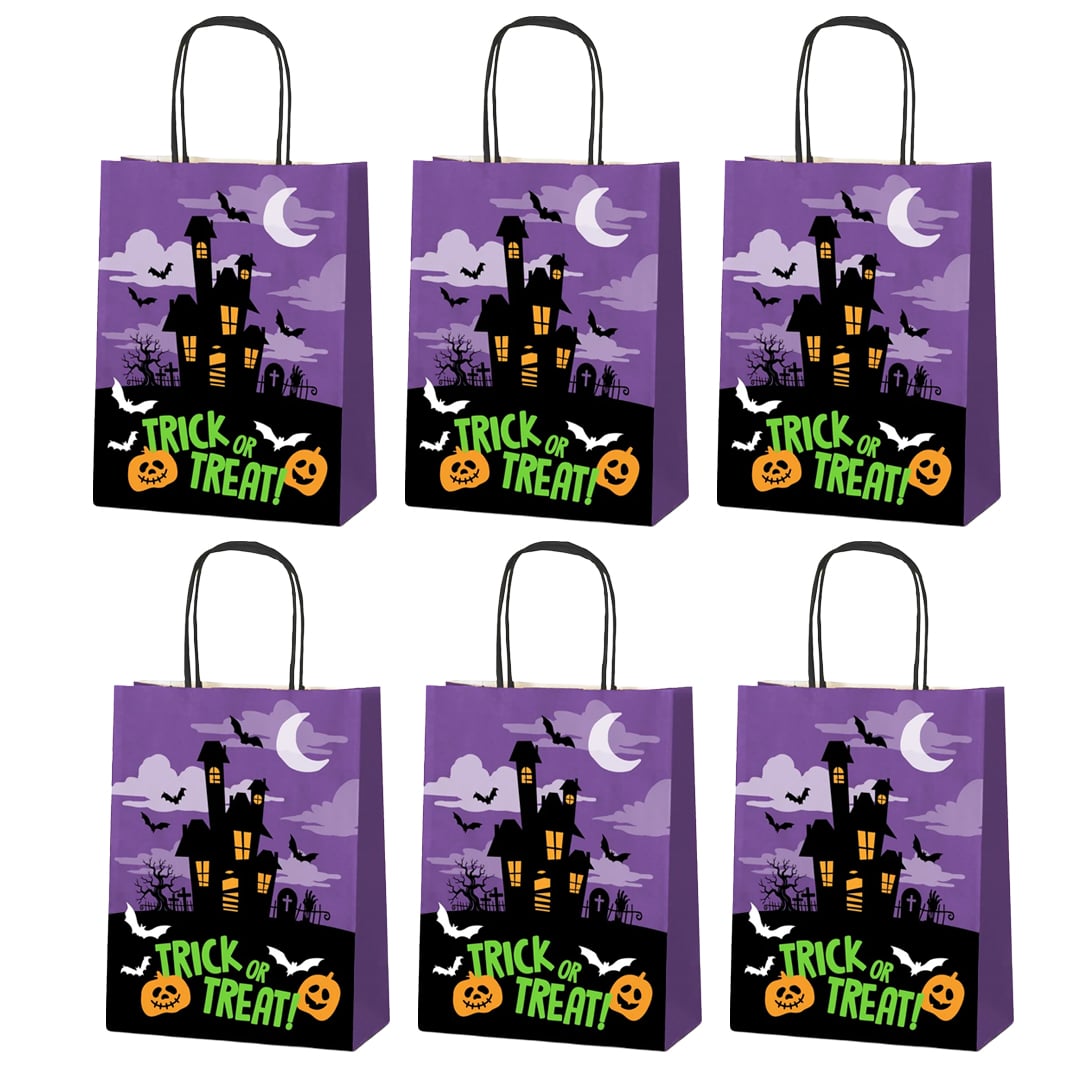 Halloween Purple Trick or Treat Paper Treat Bags with Handles 21cm - Pack of 6
