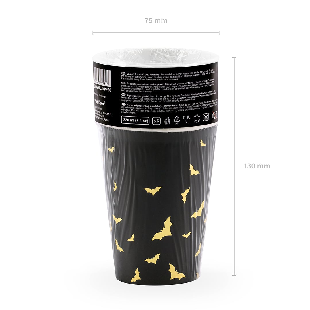 Halloween Trick Or Treat Gold Foil Bats Black Paper Cups 220ml - Pack of 6 View 9