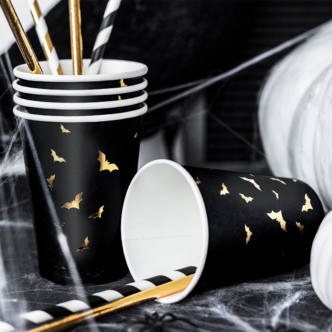 Halloween Trick Or Treat Gold Foil Bats Black Paper Cups 220ml - Pack of 6 View 4