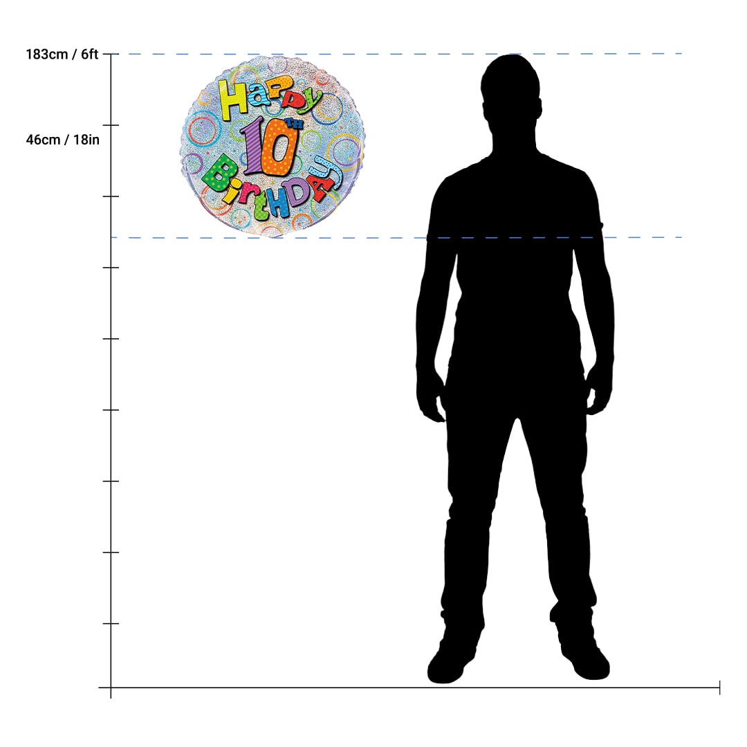 Happy 10th Birthday Holographic Round Foil Helium Balloon 46cm / 18 in Product Gallery Image
