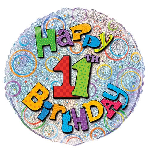 Happy 11th Birthday Holographic Round Foil Helium Balloon 46cm / 18 in Product Image