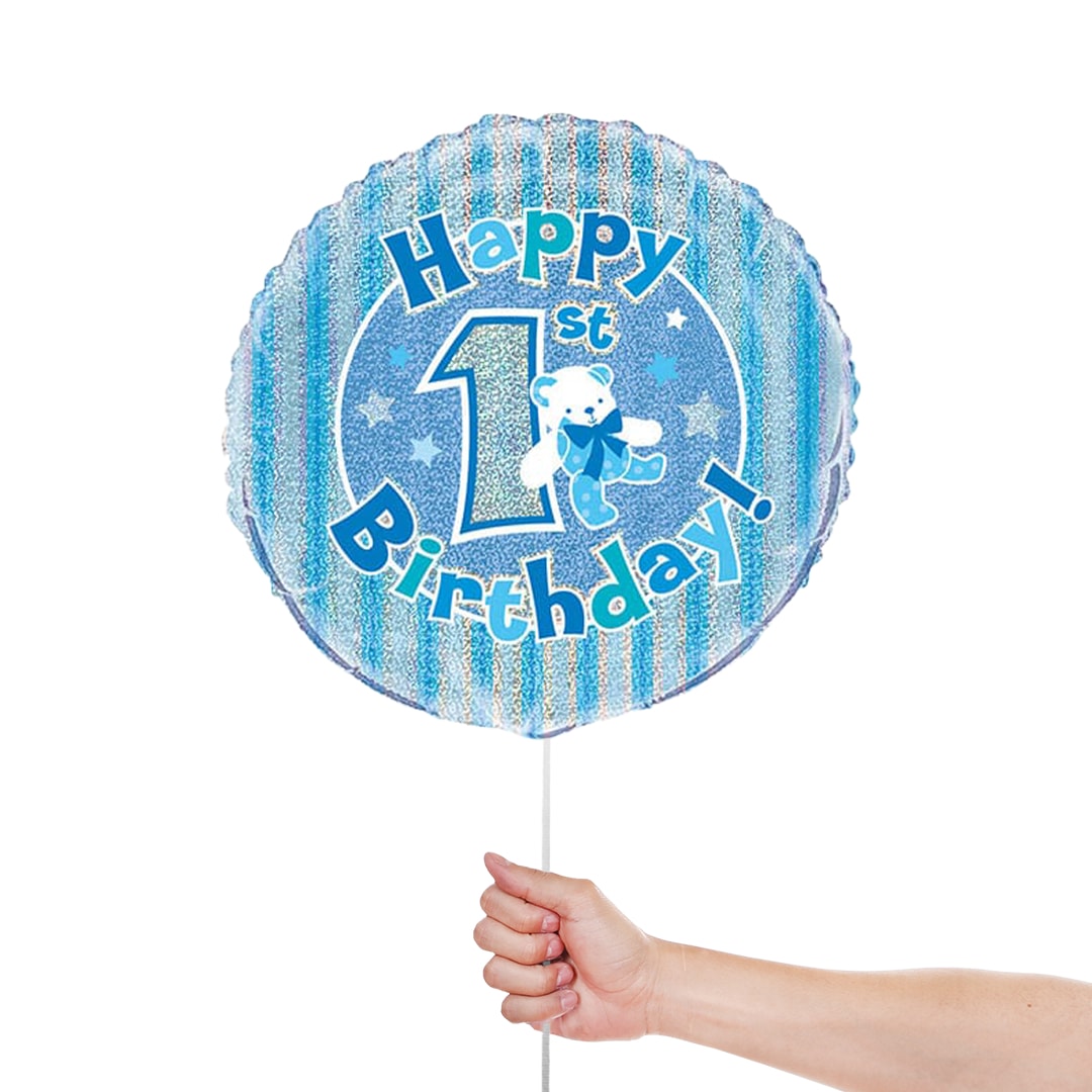 Happy 1st Birthday Blue Holographic Round Foil Helium Balloon 46cm / 18 in Product Gallery Image