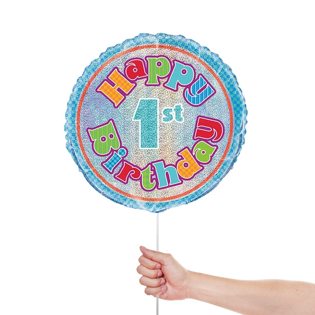 Happy 1st Birthday Holographic Round Foil Helium Balloon 46cm / 18 in Product Gallery Image