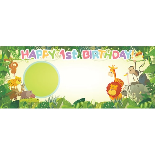 Happy 1st Birthday Jungle Design Medium Personalised Banner - 6ft x 2.25ft