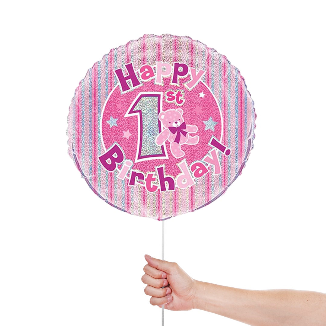 Happy 1st Birthday Pink Holographic Round Foil Helium Balloon 46cm / 18 in Product Gallery Image