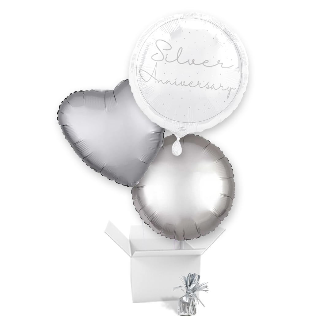 Happy 25th Silver Anniversary Round Foil Balloon Bouquet - 3 Inflated Balloons In A Box