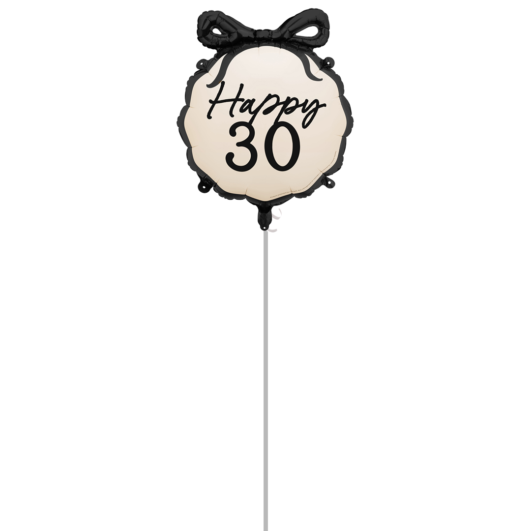 Happy 30th Birthday Black Bow Cream Elegant Milestone Round Foil Balloon - Inflated Balloon in a Box Product Gallery Image