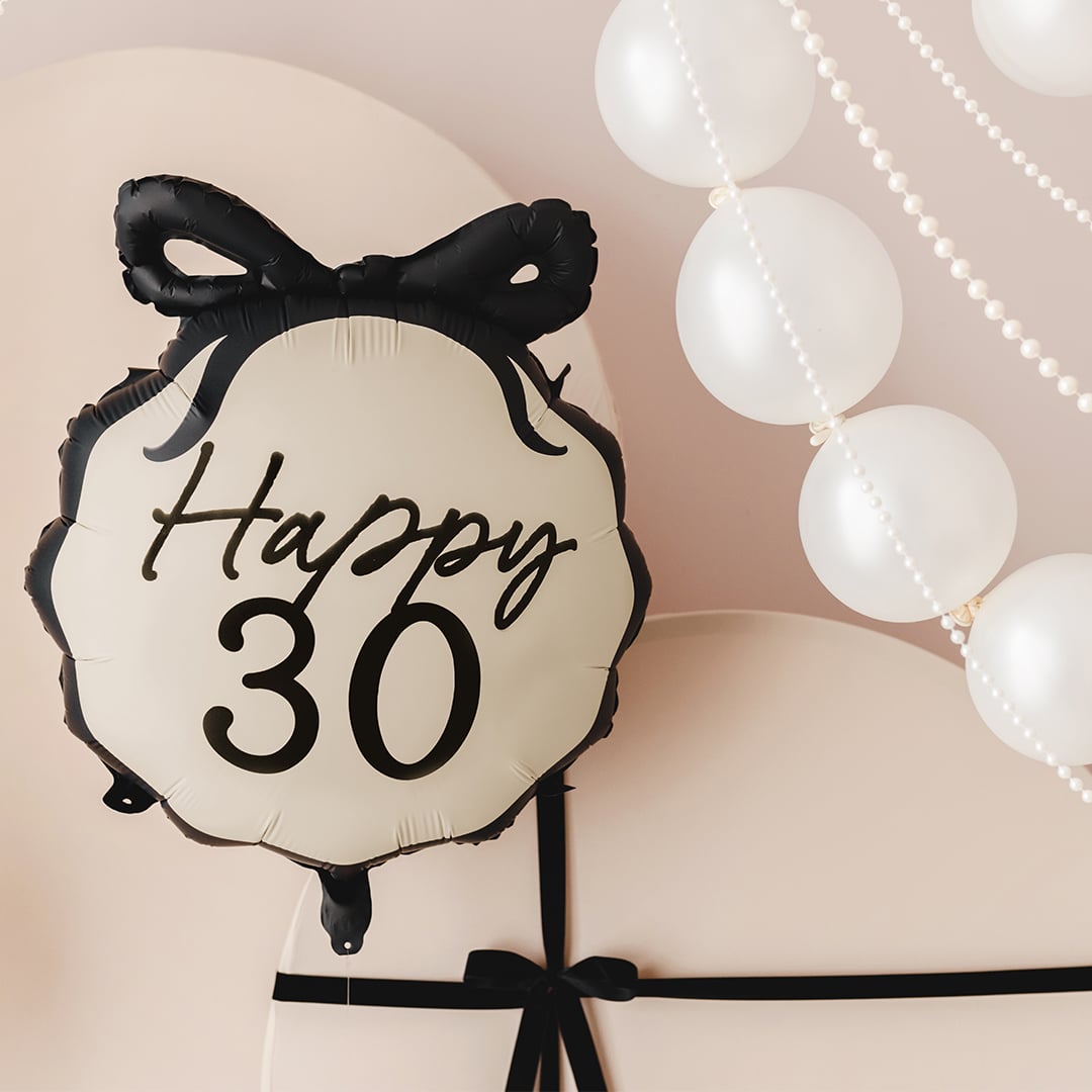 Happy 30th Birthday Black Bow Cream Elegant Milestone Round Foil Balloon 48cm / 19 in Product Gallery Image