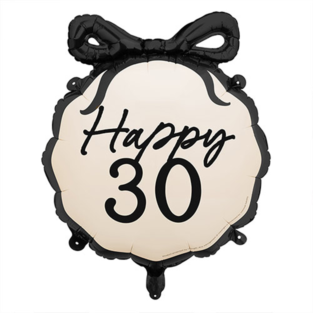 Happy 30th Birthday Black Bow Cream Elegant Milestone Round Foil Balloon 48cm / 19 in