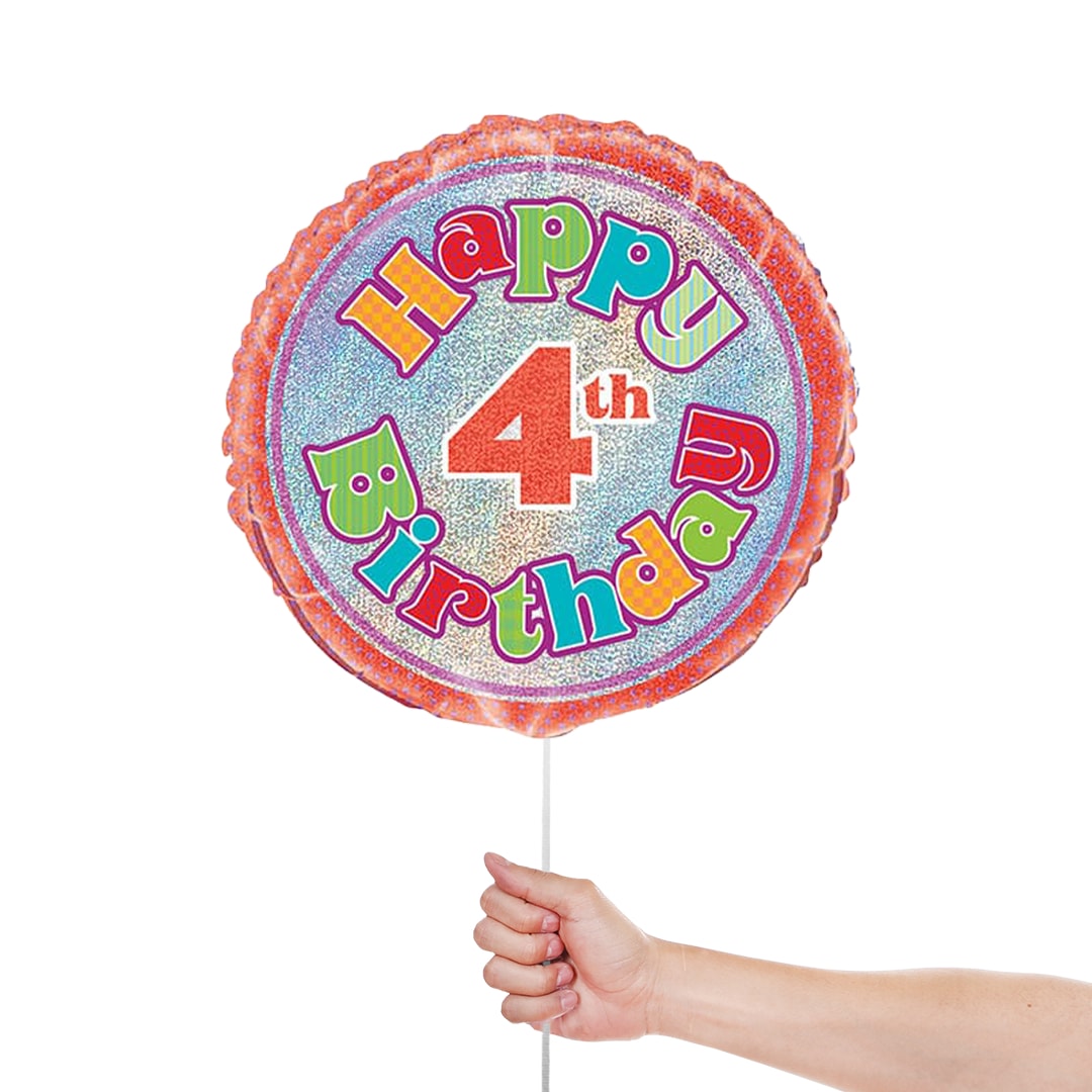 Happy 4th Birthday Holographic Round Foil Helium Balloon 46cm / 18 in Product Gallery Image