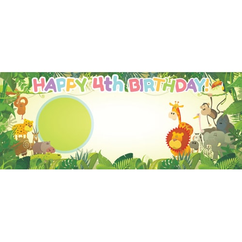 Happy 4th Birthday Jungle Design Medium Personalised Banner - 6ft x 2.25ft