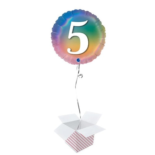 Age 5 Colourful Rainbow Holographic Round Foil Helium Balloon - Inflated Balloon in a Box