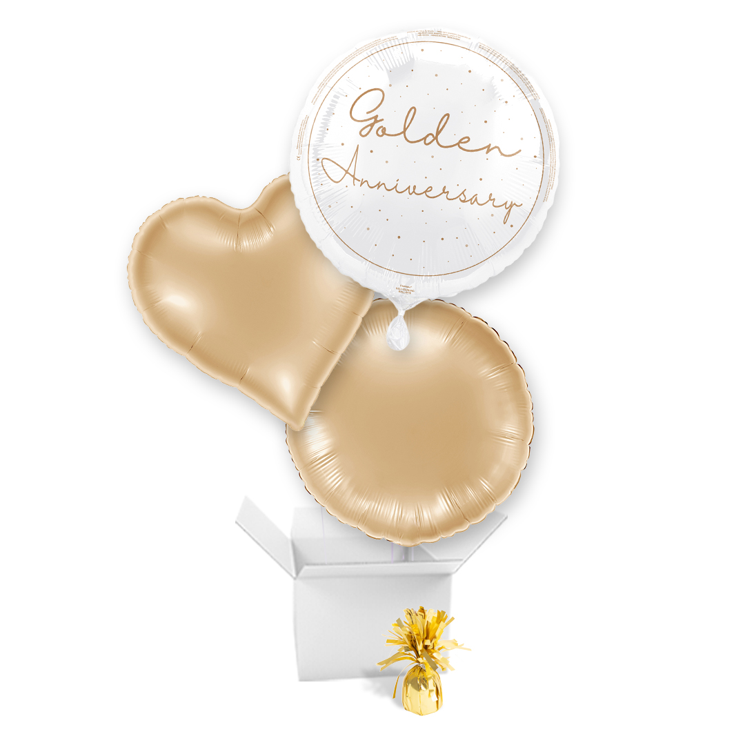 Happy 50th Golden Anniversary Round Foil Balloon Bouquet - 3 Inflated Balloons In A Box