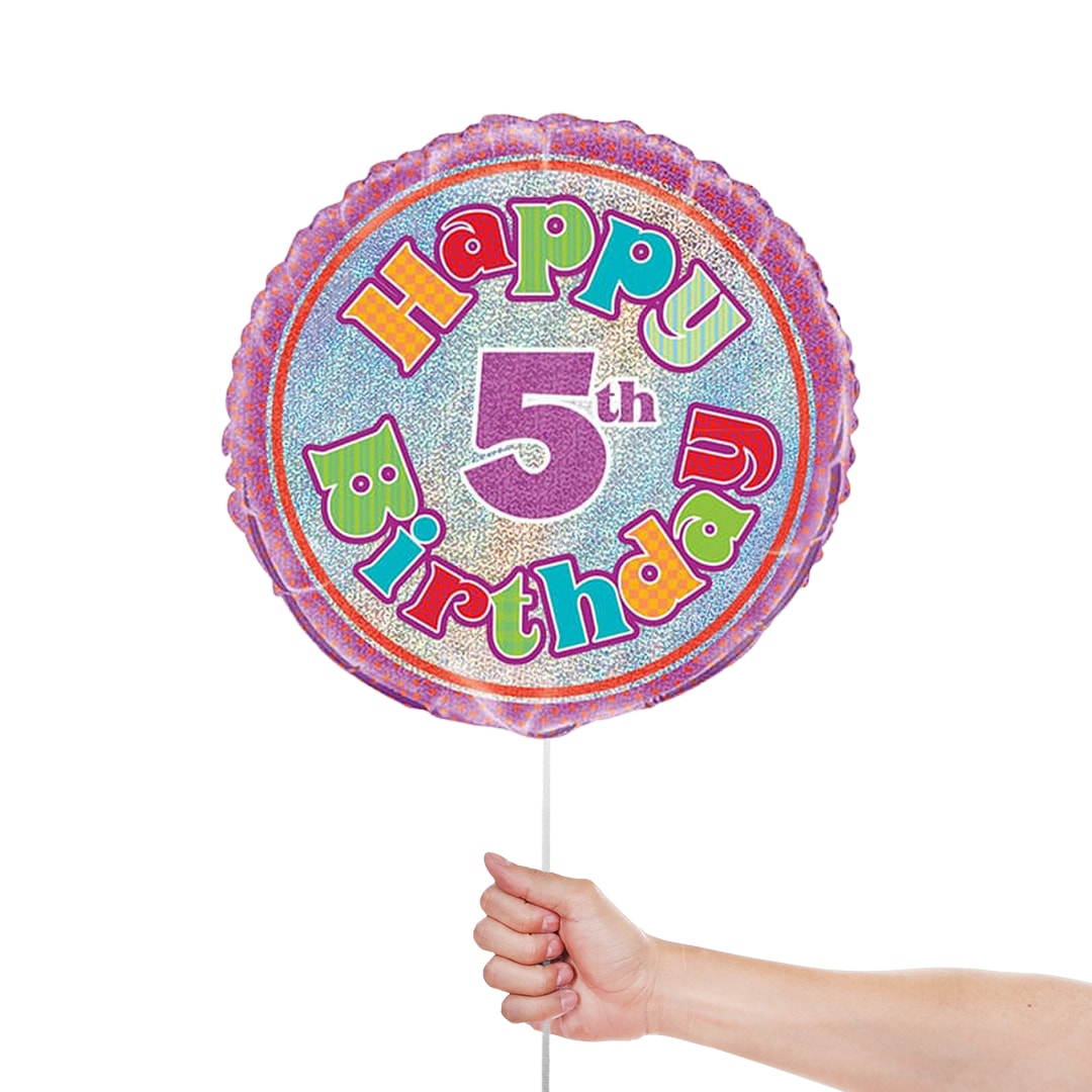 Happy 5th Birthday Holographic Round Foil Helium Balloon 46cm / 18 in Product Gallery Image
