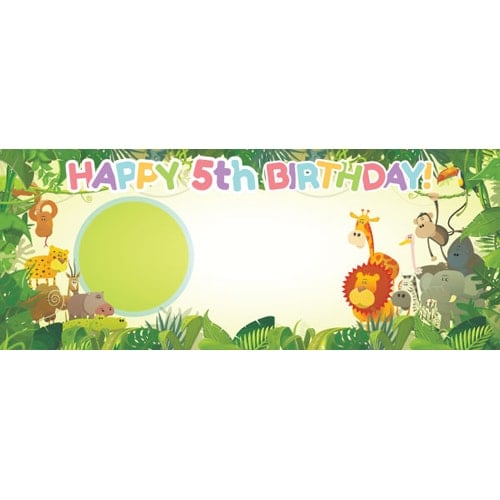 Happy 5th Birthday Jungle Design Medium Personalised Banner - 6ft x 2.25ft