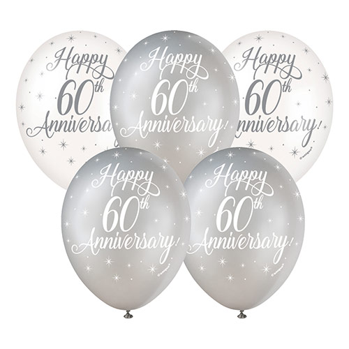Happy 60th Diamond Anniversary Biodegradable Assorted Latex Balloons 30cm / 12 in - Pack of 5 Product Gallery Image