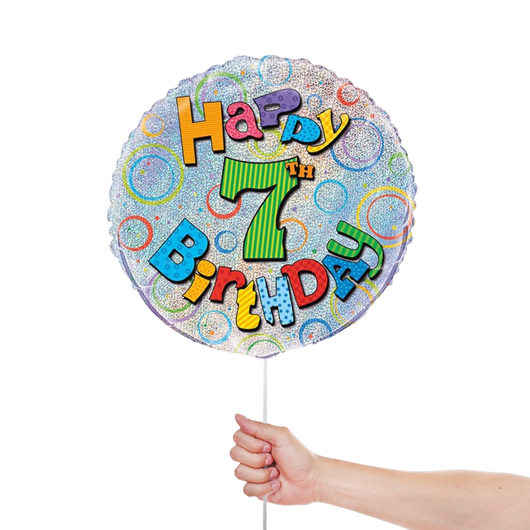 Happy 7th Birthday Holographic Round Foil Helium Balloon 46cm / 18 in Product Gallery Image