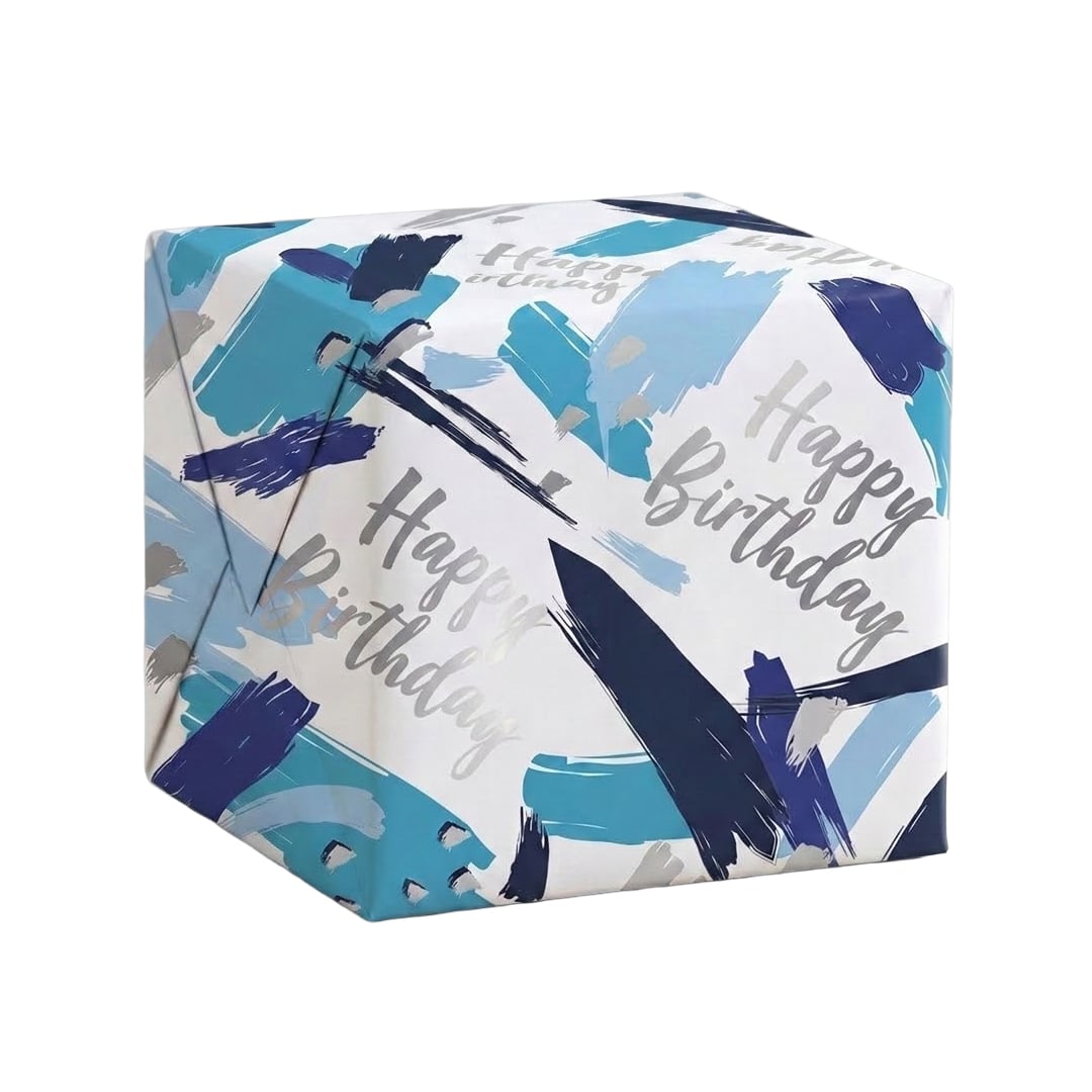 Happy Birthday Blue Brush Strokes Design Metallic Gift Wrapping Paper Roll 1.5m