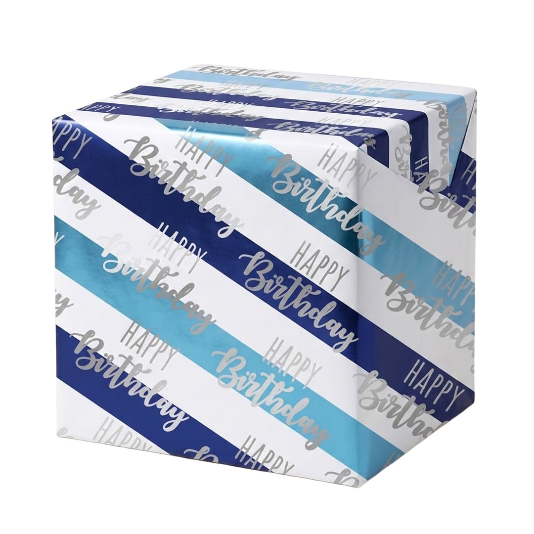 Happy Birthday Blue Stripes Design Metallic Gift Wrapping Paper Roll 1.5m